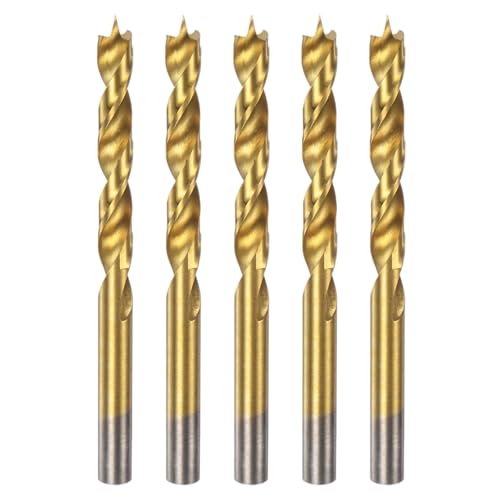 HARFINGTON Brad Point Bohrer HSS4241 mit geradem Rundschaft, metrischer Spiralbohrer für Tischler, Holzbearbeitung, Kunststoff, Gummi, goldfarben, 5 Stück von HARFINGTON