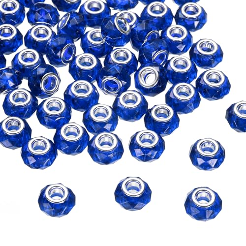 HARFINGTON Glasperlen mit großem Loch, 14 mm, blau, europäisch, lose, runde, facettierte Strasssteine, Bastelperlen für DIY-Armbänder, Halsketten, Schmuckherstellung, 100 Stück von HARFINGTON