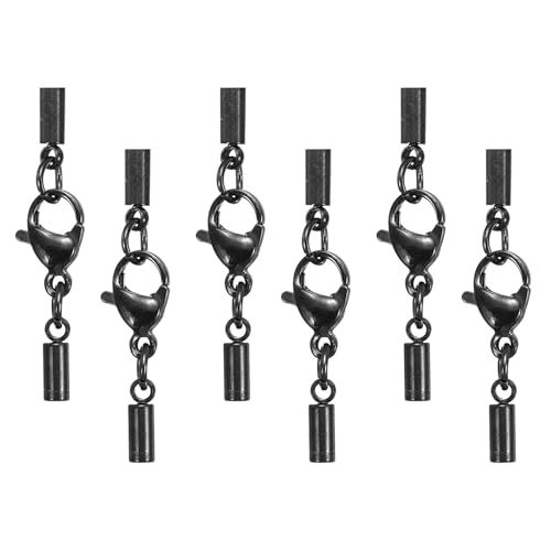 HARFINGTON Karabinerverschluss mit Kordel-Endkappen, 2 mm Innendurchmesser, Edelstahl-Halskettenenden, Leder-Faltschließe für Armbänder, Bastelarbeiten, Schmuckherstellung, Schwarz, 6 Stück (Stil 2) von HARFINGTON