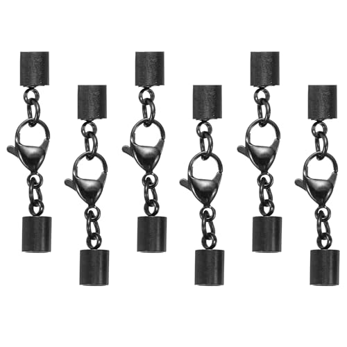 HARFINGTON Karabinerverschluss mit Kordel-Endkappen, 4 mm Innendurchmesser, Edelstahl-Halskettenenden, Leder-Faltschließe für Armbänder, Bastelarbeiten, Schmuckherstellung, Schwarz, 6 Stück (Stil 2) von HARFINGTON