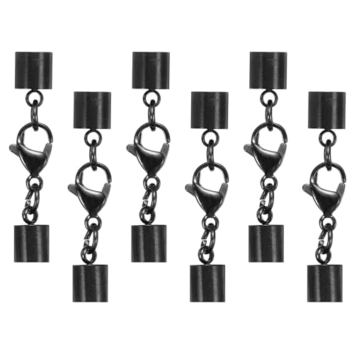 HARFINGTON Karabinerverschluss mit Kordel-Endkappen, 6 mm Innendurchmesser, Edelstahl-Halskettenenden, Leder-Faltschließe für Armbänder, Bastelarbeiten, Schmuckherstellung, Schwarz, 6 Stück (Stil 2) von HARFINGTON