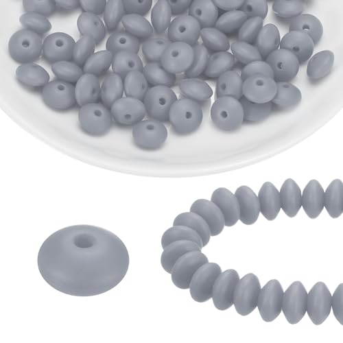 HARFINGTON Silikonperlen, 12 mm, Linse, Gummi, Brennperlen, Großpackung für Stifte, Schlüsselanhänger, Armbänder, Halsketten, Bastelarbeiten, Hellgrau, 100 Stück von HARFINGTON