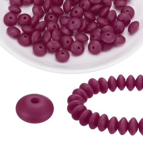 HARFINGTON Silikonperlen, 12 mm, Linse, Gummi, Brennperlen, Großpackung für Stifte, Schlüsselanhänger, Armband, Halskette, Basteln, Burgunderrot, 100 Stück von HARFINGTON