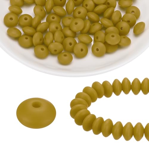 HARFINGTON Silikonperlen, 12 mm, Linse, Gummi, Brennperlen, Großpackung für Stifte, Schlüsselanhänger, Armband, Halskette, Basteln, Olivgrün, 100 Stück von HARFINGTON
