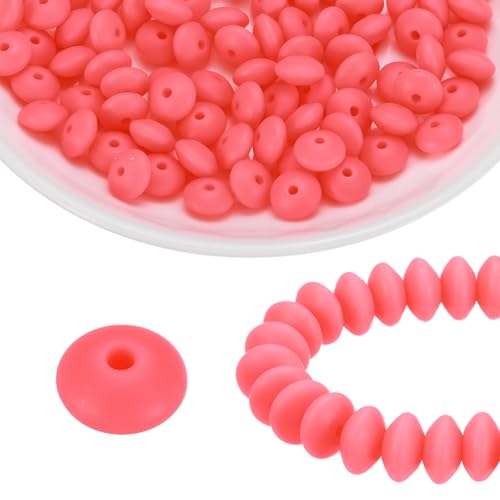 HARFINGTON Silikonperlen, 12 mm, Linse, Gummi, Brennperlen, Großpackung für Stifte, Schlüsselanhänger, Armband, Halskette, DIY, Basteln, Rosa, 100 Stück von HARFINGTON