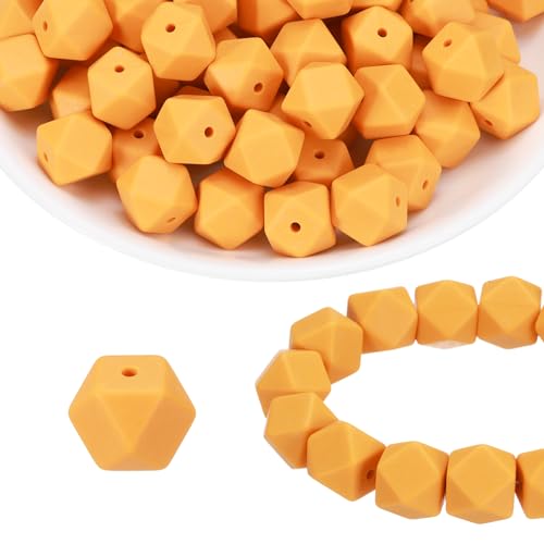 HARFINGTON Silikonperlen, sechseckig, Gummi, für Stifte, Schlüsselanhänger, Armband, Halskette, Basteln, Bernsteingelb, 96 Stück von HARFINGTON