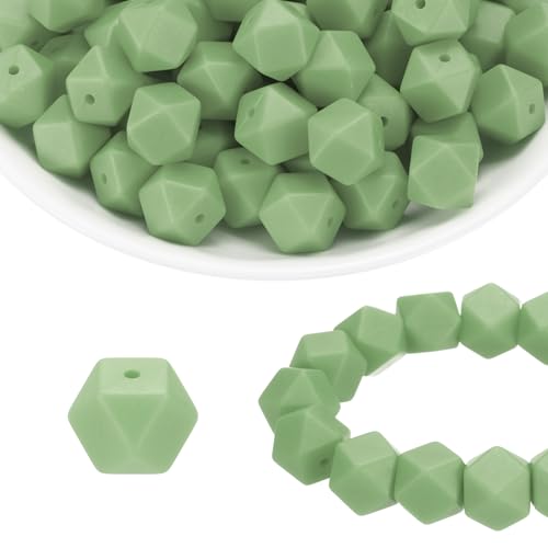 HARFINGTON Silikonperlen, sechseckig, Gummi, für Stifte, Schlüsselanhänger, Armband, Halskette, Basteln, Jadegrün, 96 Stück von HARFINGTON