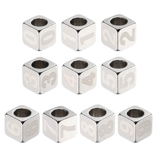 HARFINGTON Zahlenperlen aus Edelstahl, Zahlen 0–9, Würfel, Silber, Metallic, groß, quadratisch, für Schmuck, Armbänder, Halsketten, Ohrringe, 10 Stück von HARFINGTON