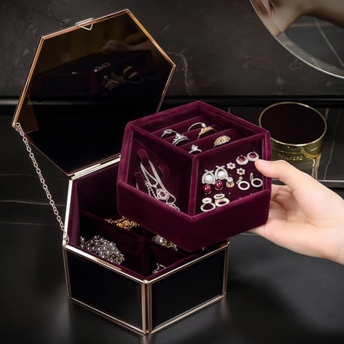 HARLIANGXY Schmuckkästchen Glas, Schmuckschatulle mit Deckel, Samt Schmuckbox, Doppelschichten Schmuckkasten Schwarz, Metall Schmuckkoffer für Ohrringe, Ringe, Halsketten, Armbänder von HARLIANGXY