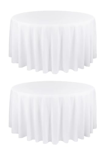 2er-Pack runde weiße Polyester-Tischdecke, 229 cm, für runden Tisch, Polyester-Tischdecke, waschbare Tischdecke für Hochzeit, Empfang, Party, Geburtstag usw. (229 cm) von HASJOIN