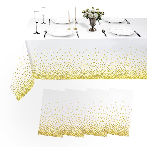4 Stück goldene Gepunktete Tischdecken mit weißem Hintergrund, Einweg-Tischdecken, waschbare Kunststoff-Tischdecken, wasserdichte Tischdecken für Partys, Hochzeiten, Bankette und mehr (137x276cm) von HASJOIN