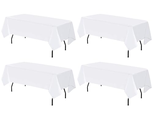 4 Stück rechteckige weiße Polyester-Tischdecken 153 x 260 cm für rechteckige Tische, Polyester-Tischdecken, schmutzabweisend, knitterfrei, waschbar, geeignet für Hochzeitsbankette von HASJOIN