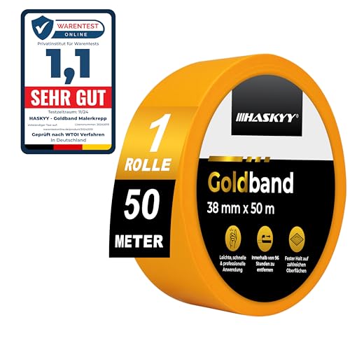 HASKYY Goldband 38mm x 50m Malerkrepp Kreppband 1x Malerband - Große Auswahl - Profi Abdeckband Malertape Klebeband Washi Tape Gold Papiertape Selbstklebend von HASKYY