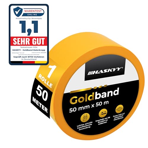 HASKYY Goldband 50mm x 50m Malerkrepp Kreppband 1x Malerband - Große Auswahl - Profi Abdeckband Malertape Klebeband Washi Tape Gold Papiertape Selbstklebend von HASKYY