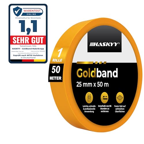 HASKYY Goldband Malerband Kreppband Profi Malerkrepp 25mm x 50m Klebeband Abdeckband Malertape von HASKYY