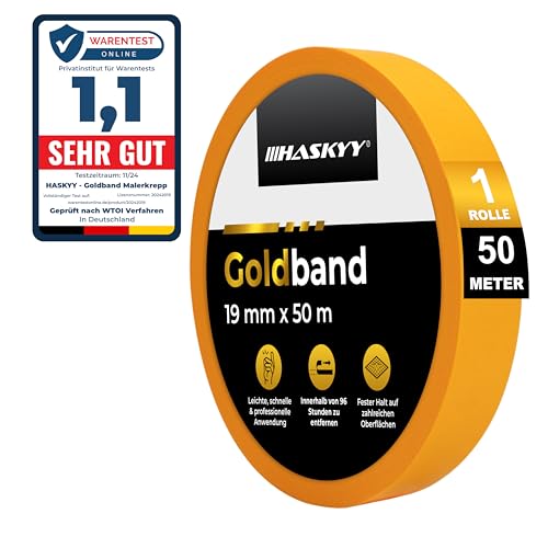 HASKYY Goldband Malerkrepp 19mm x 50m Kreppband Malerband - Auswahl an Größen - Profi Abdeckband Malertape Klebeband Washi Tape Gold Papiertape Selbstklebend von HASKYY