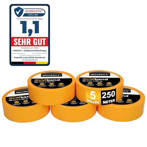 HASKYY Goldband Malerkrepp Kreppband 5x Malerband 38mm x 50m Profi Abdeckband Malertape Klebeband Washi Tape Gold Papiertape Selbstklebend von HASKYY