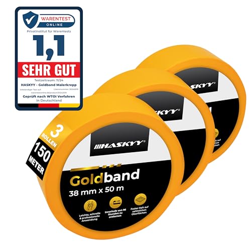 HASKYY Goldband Malerkrepp Kreppband Profi 3x Malerband 38mm x 50m Abdeckband Malertape Klebeband Washi Tape von HASKYY