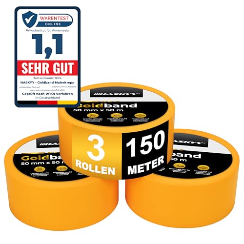 HASKYY Goldband Malertape Kreppband Profi 3x Malerband 50mm x 50m Malerkrepp Abdeckband Klebeband Washi Tape Gold Papiertape von HASKYY