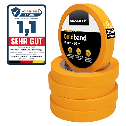 HASKYY Goldband Malertape Kreppband Profi 5x Malerband 19mm x 50m Malerkrepp Abdeckband Klebeband Washi Tape Gold Papiertape Papprolle von HASKYY