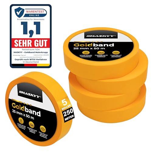 HASKYY Goldband Malertape Kreppband Profi 5x Malerband 25mm x 50m Malerkrepp Abdeckband Klebeband Washi Tape Gold Papiertape Selbstklebend von HASKYY