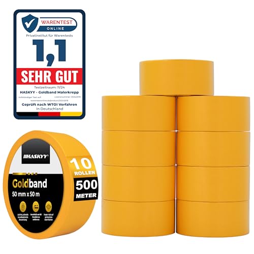 HASKYY Goldband Malerkrepp Kreppband 10x Malerband 50mm x 50m Profi Abdeckband Malertape Klebeband Washi Tape Gold Papiertape Selbstklebend von HASKYY