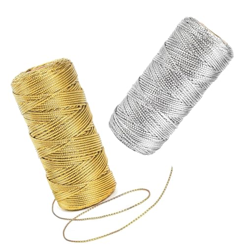HASLED Goldene Kordel 2er Set (Jede Rolle ist 100 m Lang) | Geschenkband Gold & Silber | Polyester Garn für DIY, Schmuck & Geschenkverpackung | Unelastisches Drahtband von HASLED