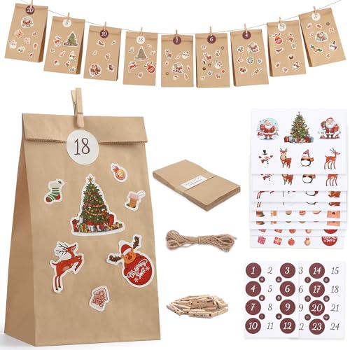 Adventskalender zum Befüllen 2025, 24 DIY Adventskalender Tüten für Kinder und Erwachsene, Basteln Selber Befüllen mit Aufkleber und Holzklemme, Weihnachtskalender Papiertüten Adventskalender zum Befüllen 2025, 24 DIY Adventskalender Tüten für Kinder und Erwachsene, Basteln Selber Befüllen mit Aufkleber und Holzklemme, Weihnachtskalender Papiertüten von HAUSPROFI