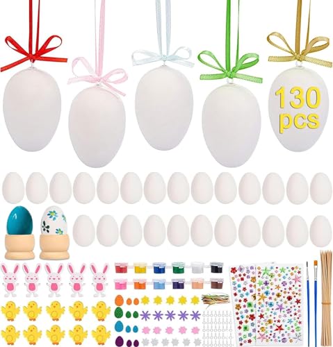 HAUSPROFI 50 Pcs Ostereier Deko Eier aus Kunststoff Weiß, Acrylfarbe, Osterhasen Küken Sticker, Bambusstock, Bunte Band und Plastik Eieraufhänger, fürs Osterdekoration, Bemalen und Aufhängen von HAUSPROFI