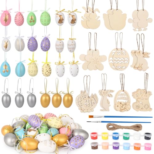 HAUSPROFI Ostereier zum Aufhängen – 24 bunte Plastik Ostereier mit 20 Holzanhängern, inkl. 12 ungiftige Acrylfarben & 2 Pinsel – Sicheres und kreatives Osterdeko-Set für drinnen & draußen von HAUSPROFI