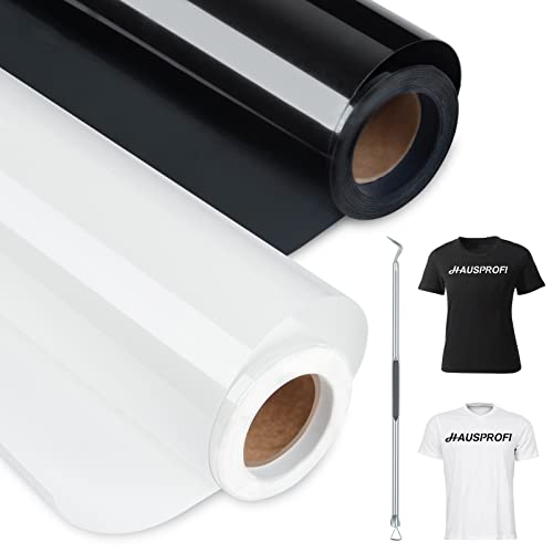 HAUSPROFI Plotterfolie Textil 30.5cm x 800cm (Mattschwarz 400cm + Weiß 400cm), Plotter Bügelfolie für Cricut und Silhouette Cameo für DIY T-Shirt/Anderen Stoffe - Mit Häkelnadel von HAUSPROFI