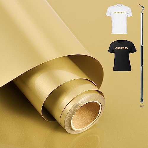 HAUSPROFI Plotterfolie Textil 30.5cm x 400cm, Plotter Bügelfolie für Silhouette Cameo - PU Flexfolie Plotter für DIY T-Shirt/Anderen Stoffe - Mit Häkelnadel - Gold von HAUSPROFI