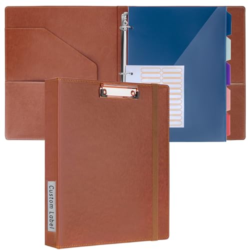 HAUTOCO Klemmbrett A4 Ordner, Ringbuch Mit 3 Ringen 25 mm, PU Leder Ringordner Schmal, Aktenordner Mit 5 Dokumententaschen, Klemmbrett Mit Deckel für Studium, Büro, Braun von HAUTOCO