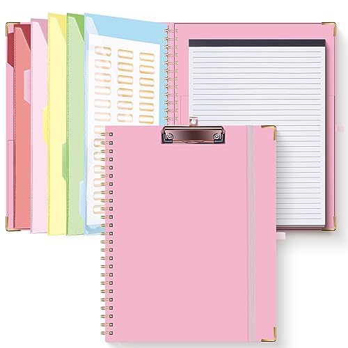 HAUTOCO Klemmbrett A4 Ordner Mit Nachfüllbarem Linierten Notizblock, 5 Ordnern, 10 Taschen, Klemmbrett A4 mit Deckel, Spiral Clip Board für Schule, Büro, Rosa von HAUTOCO