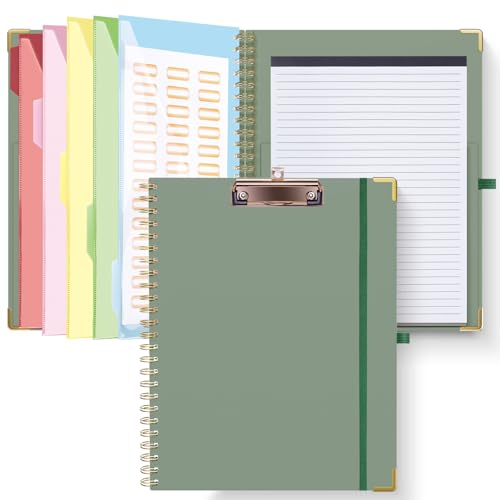 HAUTOCO Klemmbrett-Folie mit nachfüllbarem Notizblock für Briefgröße (27,9 x 21,6 cm), 5 Trennwände mit 10 Taschen, elastischer Stifthalter und Aktenordneretiketten, Spiral-Klemmbrett für von HAUTOCO
