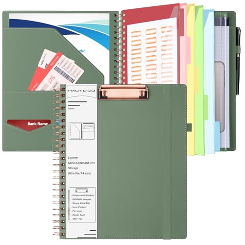 HAUTOCO Klemmbrett Folio Mit A4 Zip Beutel, Klemmbrettmappe Mit Nachfüllbarem Notizblock, 5 Ordnern Lagerung 10 Taschen, Deckel für Schule/Büro, Olivgrün von HAUTOCO