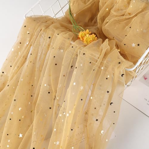 HAVII Goldene Glitzer-Tüll-Rollen Stern Mond Pailletten Tüll Stoff Bolzen für Fotografie Requisiten Hintergrund Tutu Tischröcke DIY Nähen Handwerk Hochzeit Party Dekor 150 cm x 4 Meter von HAVII