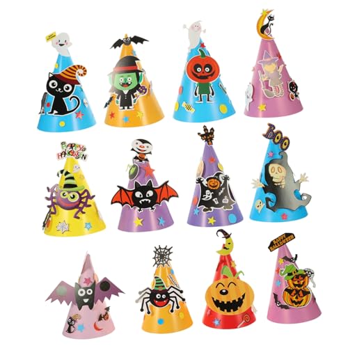 HAWILLOSCH 12 Stücke Dekorationen Halloween Kappe Hüte Montage Spaß Handwerk Lustige Papier Cartoon Kit DIY Party Favor Material Hut von HAWILLOSCH