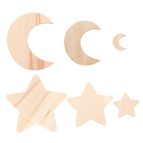 HAWILLOSCH 36 Stück Sterne und Mondholzstücke Thema Ornament Dekoration Party Schild DIY Bastelausschnitte unvollendeter Holzausschnitt unvollendete Holzverzierungen unfertige Holzscheibe von HAWILLOSCH