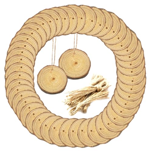 HAWILLOSCH 50 Stück DIY Holzscheiben Naturkiefer Runde Holzchips für Bastelprojekte für Dekorationen Malerei und Handgemachte Anhänger mit Aufhängeschnur für Zuhause und Festlichkeiten von HAWILLOSCH