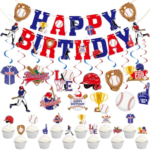 Baseball-Geburtstagsbanner, Baseball-Happy Birthday-Banner und Baseball-Hängewirbel, Baseball-Cupcake-Topper, Sport-Geburtstagsparty-Zubehör, Baseball-Geburtstagsparty-Dekorationen, 26 Stück Baseball-Geburtstagsbanner, Baseball-Happy Birthday-Banner und Baseball-Hängewirbel, Baseball-Cupcake-Topper, Sport-Geburtstagsparty-Zubehör, Baseball-Geburtstagsparty-Dekorationen, 26 Stück von HAZELTH