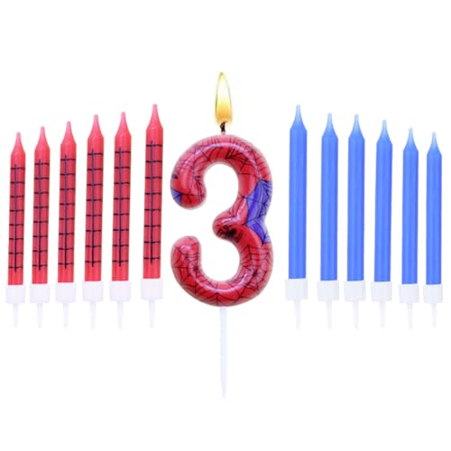 HAZMA 13 Stück Geburtstagskerzen，Geburtstagsdeko 3 Jahre，Birthday Candles Numbers 3 (Spinnen-Anime-Thema), Birthday Candle,Sgeburtstagsdeko(12Rote Und Blaue Kerzen, Digitale Kerzen 3) (3) von HAZMA