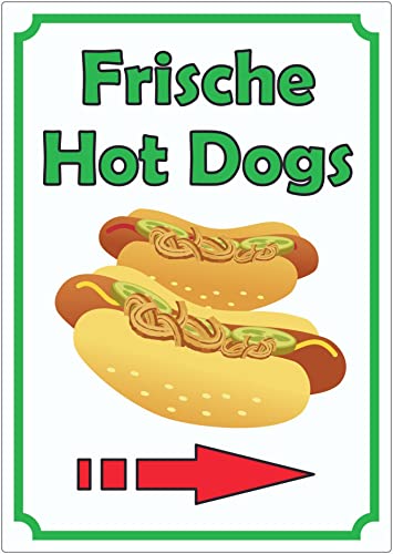 Frische Hot Dogs Aufkleber Hochkant mit Pfeil rechts A9 (37x52mm) von HB-Druck