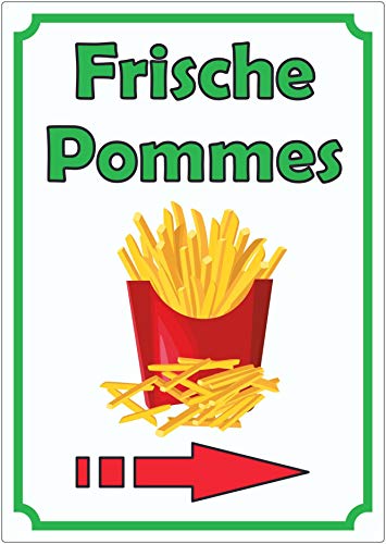 Frische Pommes Frites Aufkleber Hochkant mit Pfeil rechts A9 (37x52mm) von HB-Druck