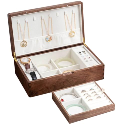 HBALDTEDC Jewellery Box Organiser Storage, 2-lagige Schmuckschatulle for Frauen, Walnuss, 12,48 x 7,44 x 3,78/5,28 Zoll, Holz- und Samt-Organizer von HBALDTEDC
