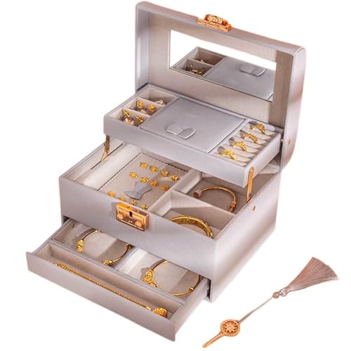 HBALDTEDC Jewellery Box Organiser Storage, 3-lagige, abschließbare Schmuckschatulle mit Spiegel und Schublade for Halsketten, Ohrringe, Armbänder, Ringe(Green) von HBALDTEDC