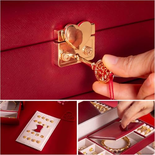 HBALDTEDC Jewellery Box Organiser Storage, 3-lagige, abschließbare Schmuckschatulle mit Spiegel und Schublade for Halsketten, Ohrringe, Armbänder, Ringe(Red) von HBALDTEDC
