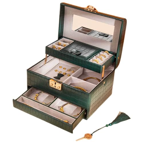 HBALDTEDC Jewellery Box Organiser Storage, 3-lagige, abschließbare Schmuckschatulle mit Spiegel und Schublade for Halsketten, Ohrringe, Armbänder, Ringe(White) von HBALDTEDC