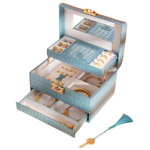 HBALDTEDC Jewellery Box Organiser Storage, 3-lagiger Schmuckschatullen-Organizer mit Spiegel, Schloss und Schublade – großer Schmuckaufbewahrungskoffer von HBALDTEDC