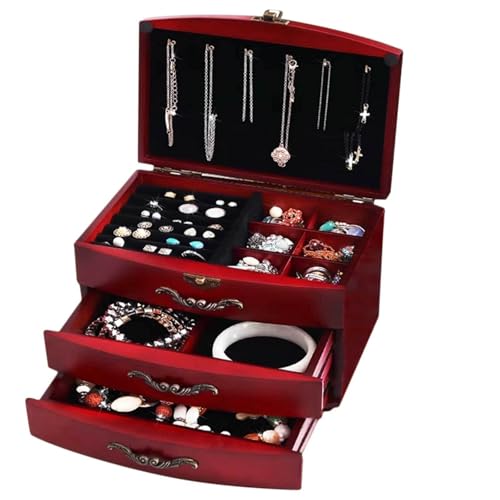 HBALDTEDC Jewellery Box Organiser Storage, Schmuckschatulle aus Holz, 3-lagig, for Halsketten, Schubladen, for Ohrringe, Ringe, Armbänder, Mehrfarbig(B) von HBALDTEDC